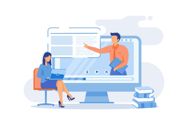 Online workshop Digital workshop, online topic course, distance web learning, group video call, webcam laptop screen, educational webinar flat design modern illustration